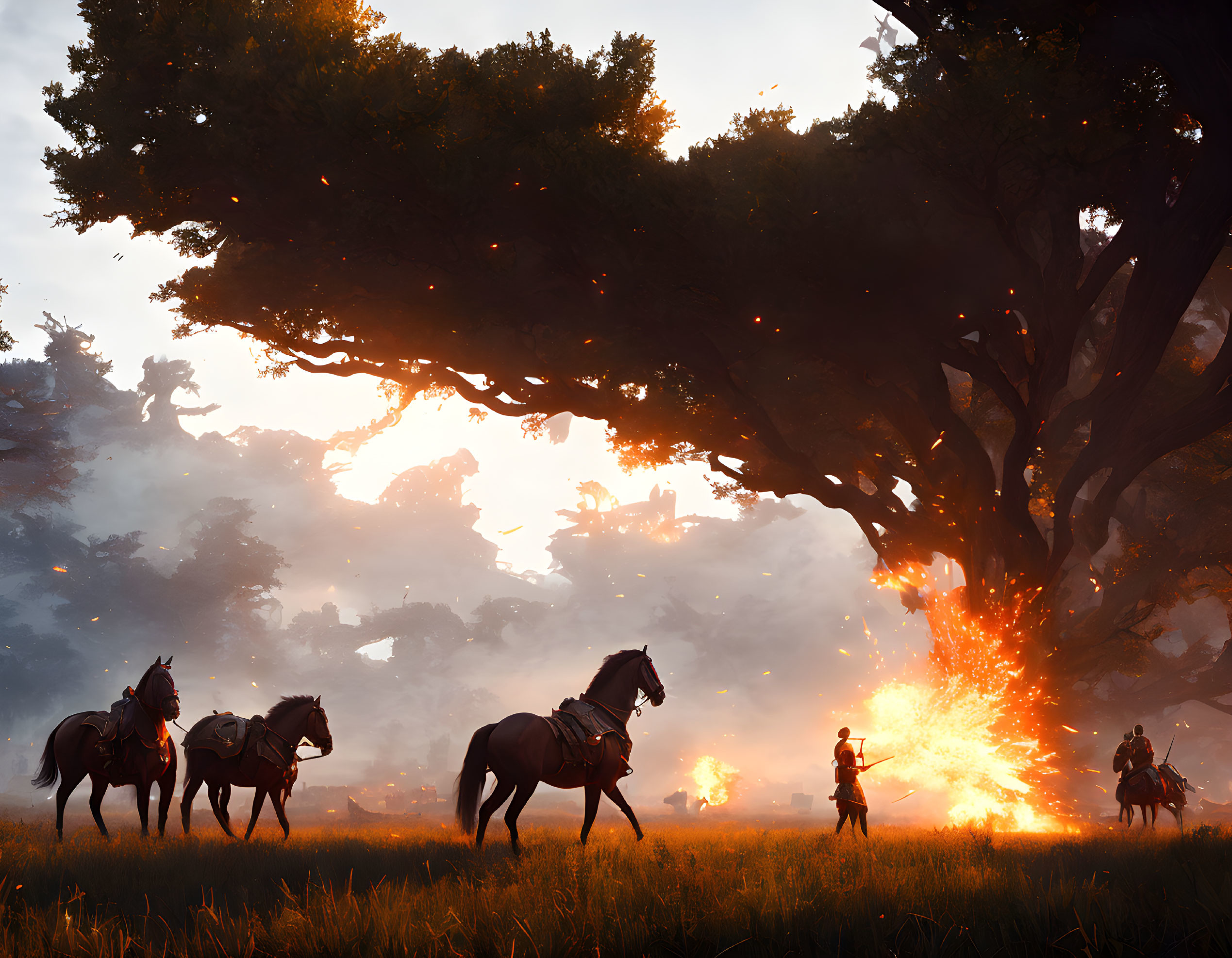 Fantasy scene: Riders near mage casting spell at sunset