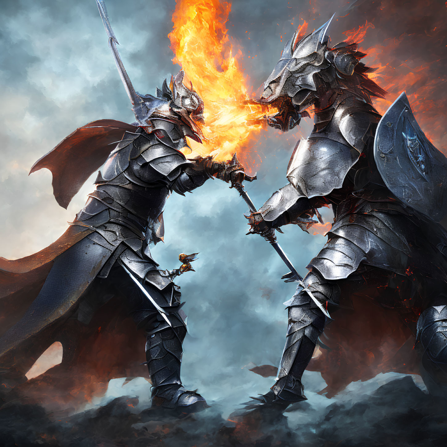 Armored dragon-like warriors in fiery combat amidst smoldering ruins