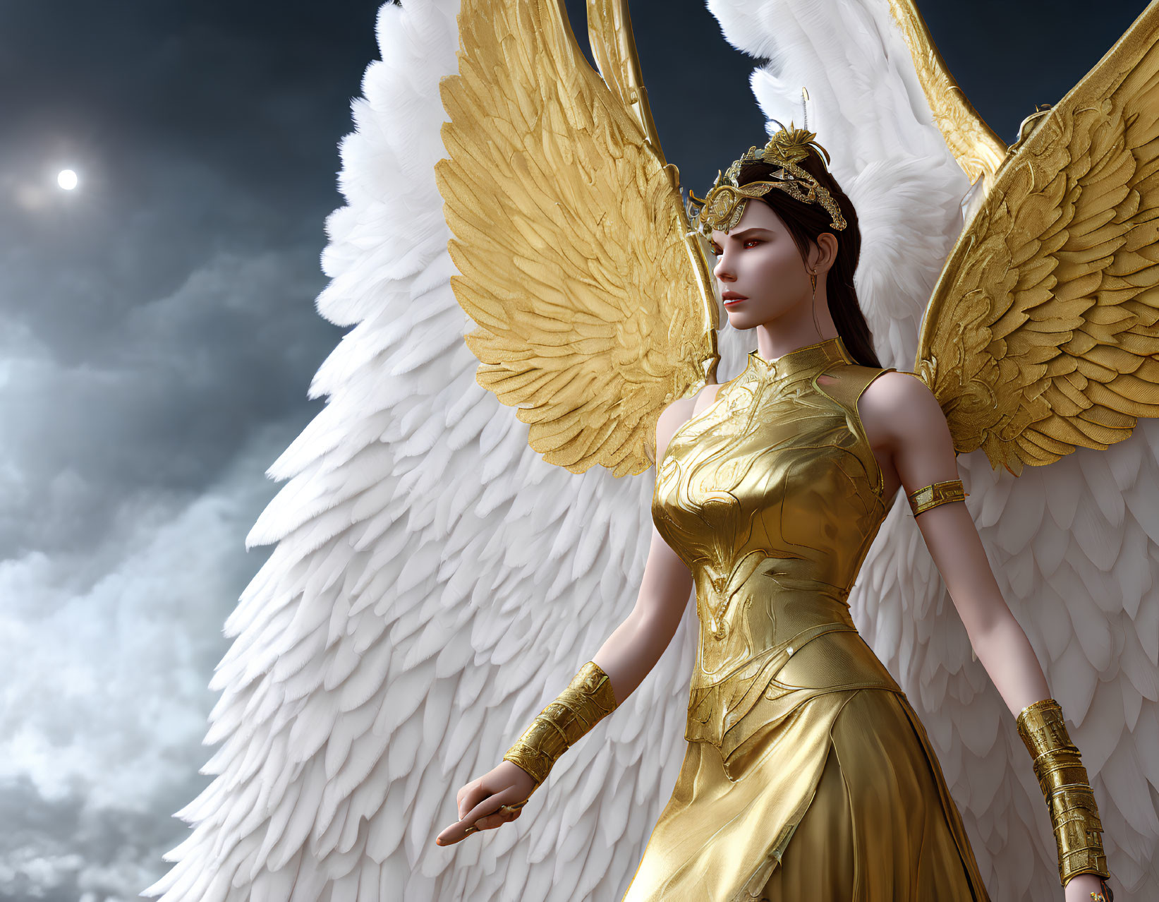 Majestic winged figure in golden armor under dramatic sky