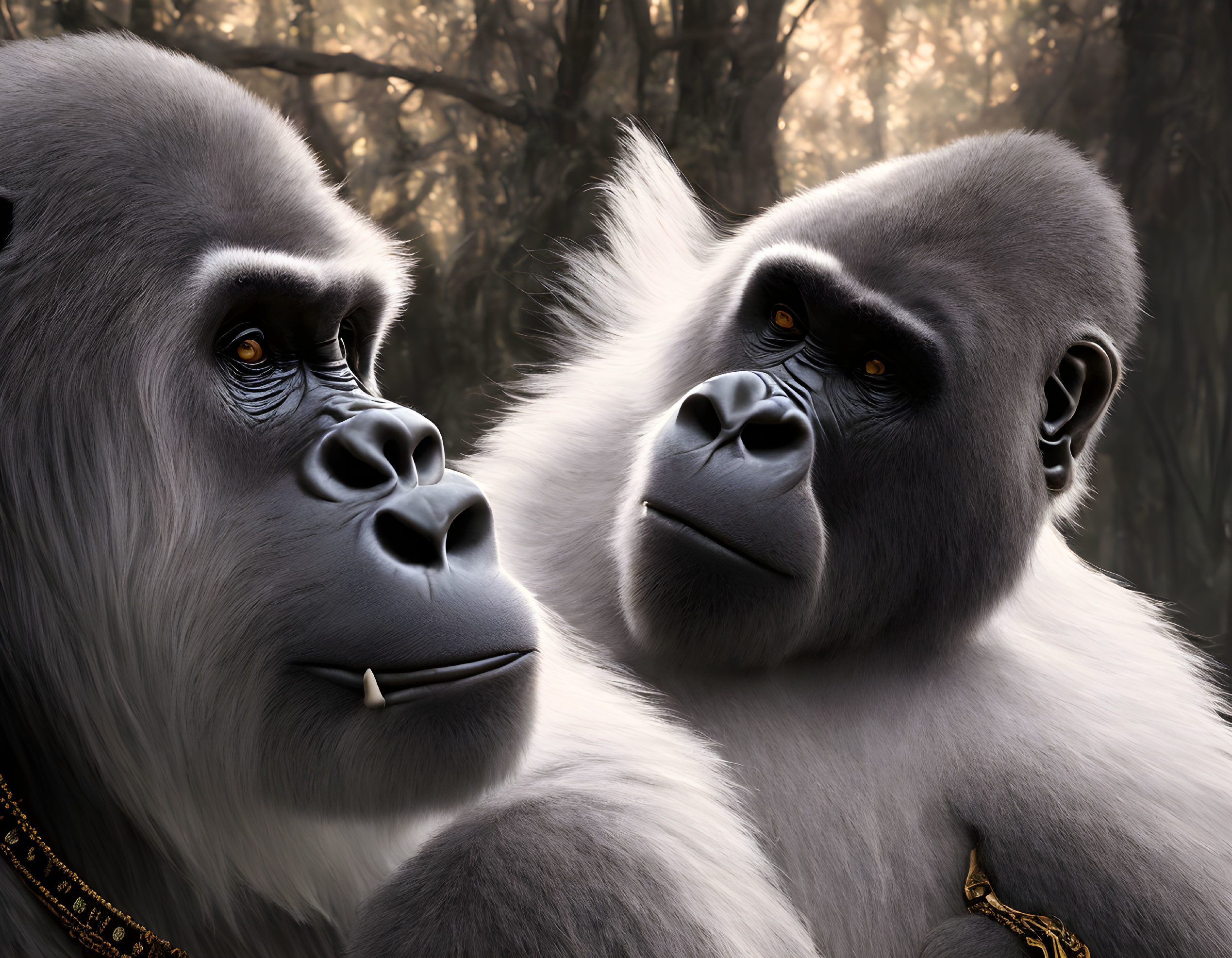Detailed Close-Up of Two Gorillas in Misty Forest