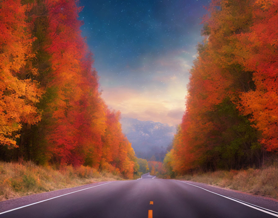 Scenic road with autumn trees under twilight sky