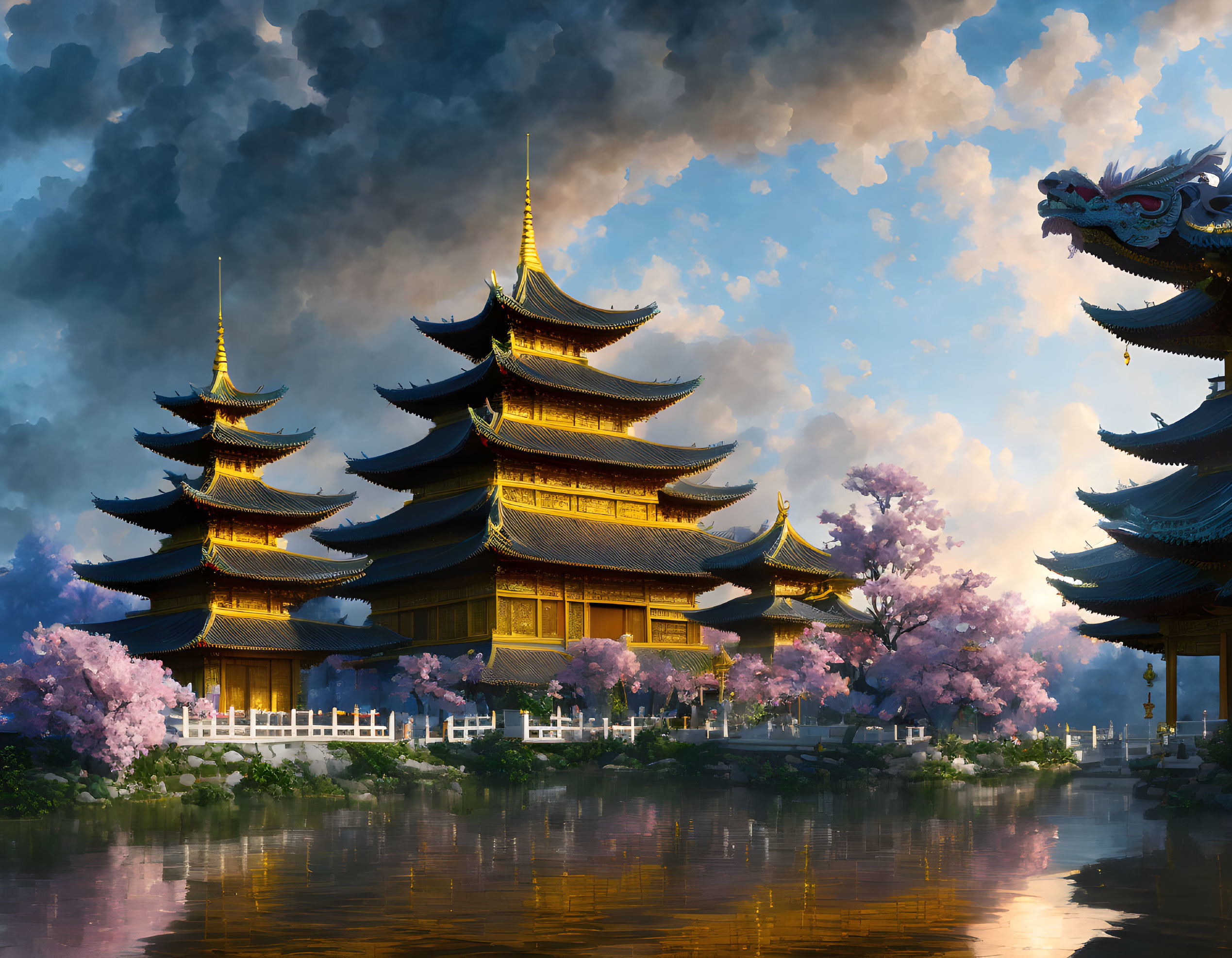 Asian Pagodas and Cherry Blossoms by a Tranquil River at Dusk