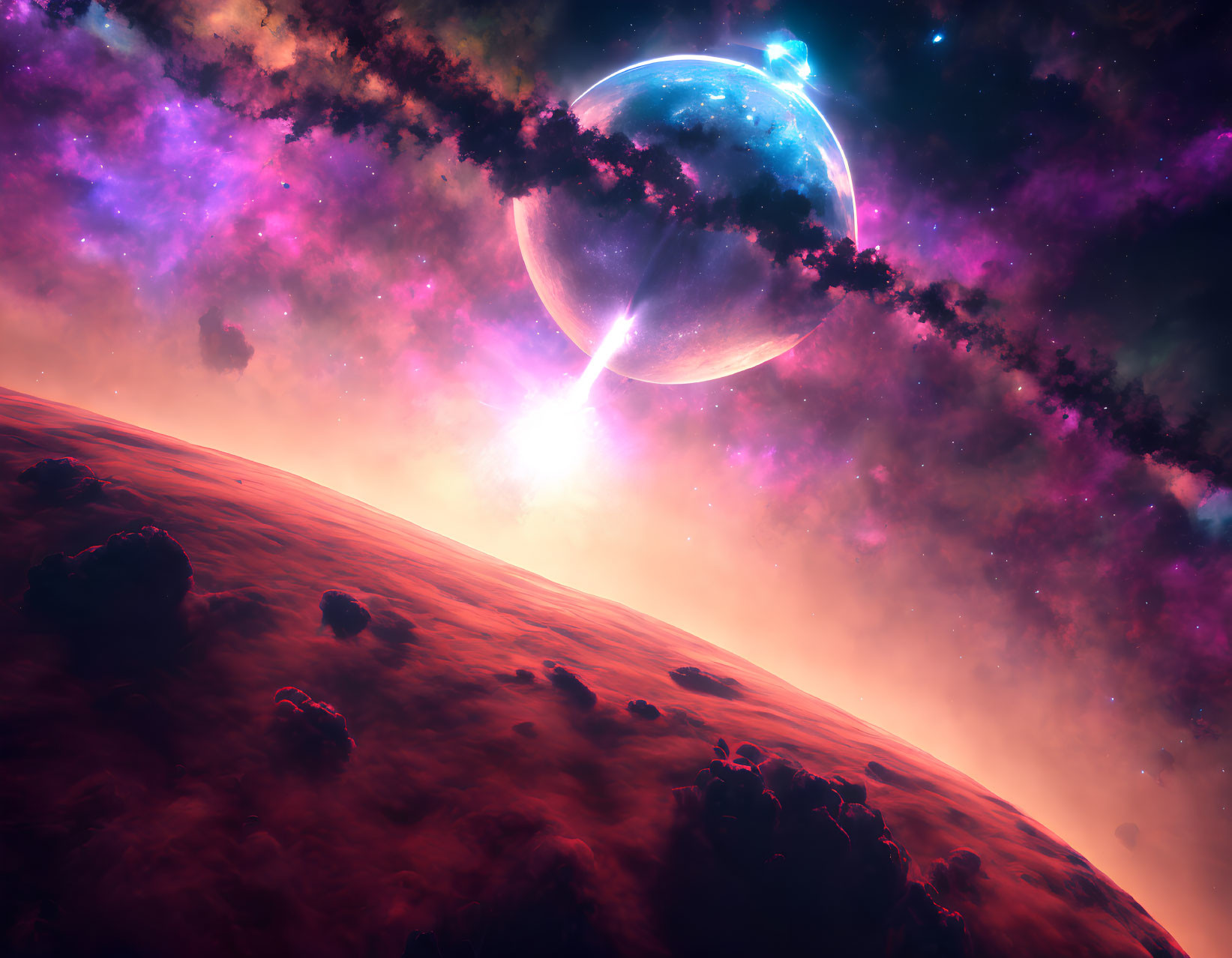 Colorful space scene with red planet, asteroids, and luminous nebula.