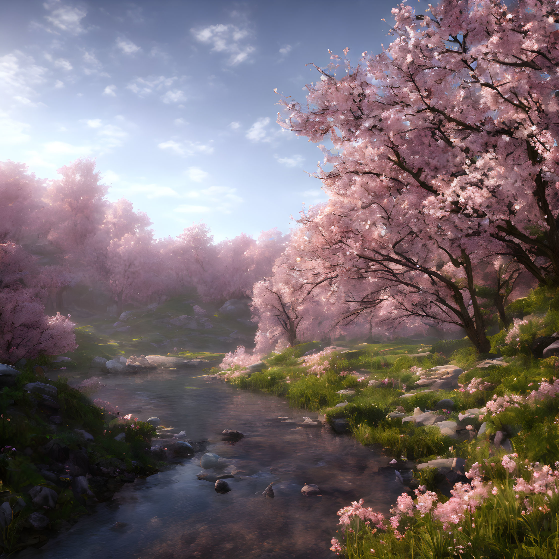 Tranquil landscape with stream and cherry blossom trees