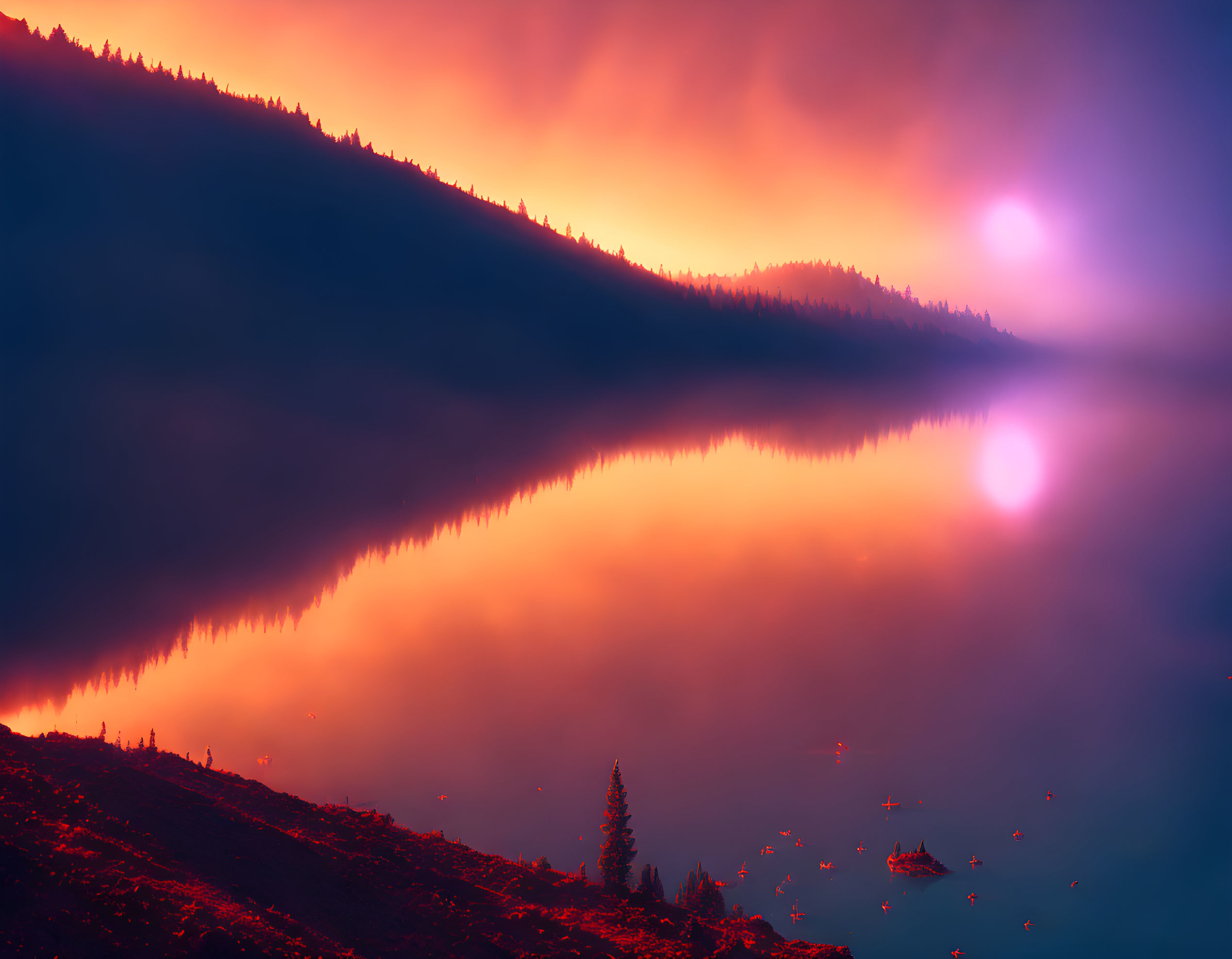 Fiery red and purple sunset over still lake with forested hills