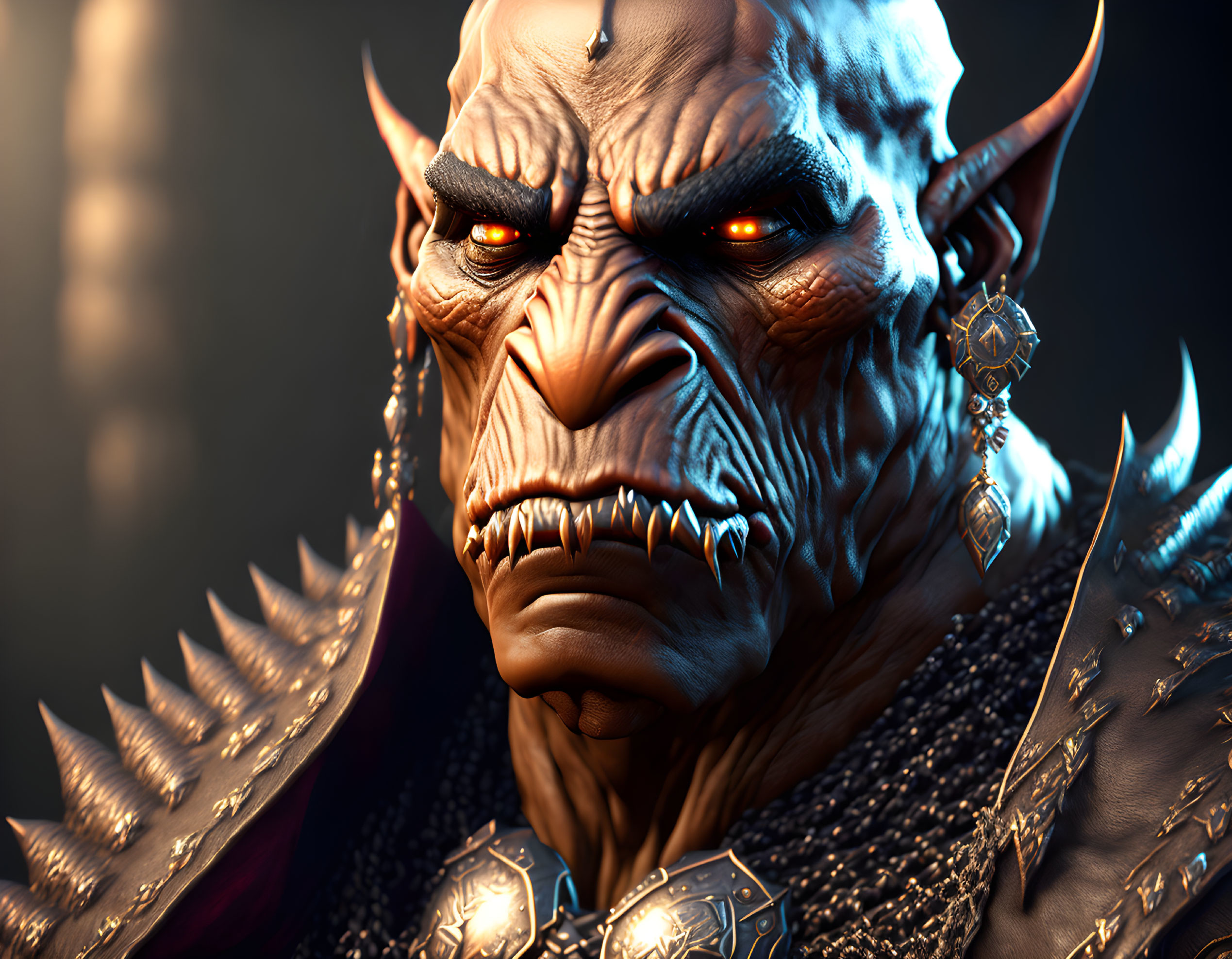 Detailed 3D illustration of menacing orc with glowing red eyes, pierced ears, heavy armor, spikes
