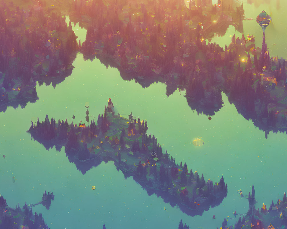 Mirrored surreal landscape with floating islands and lush forests