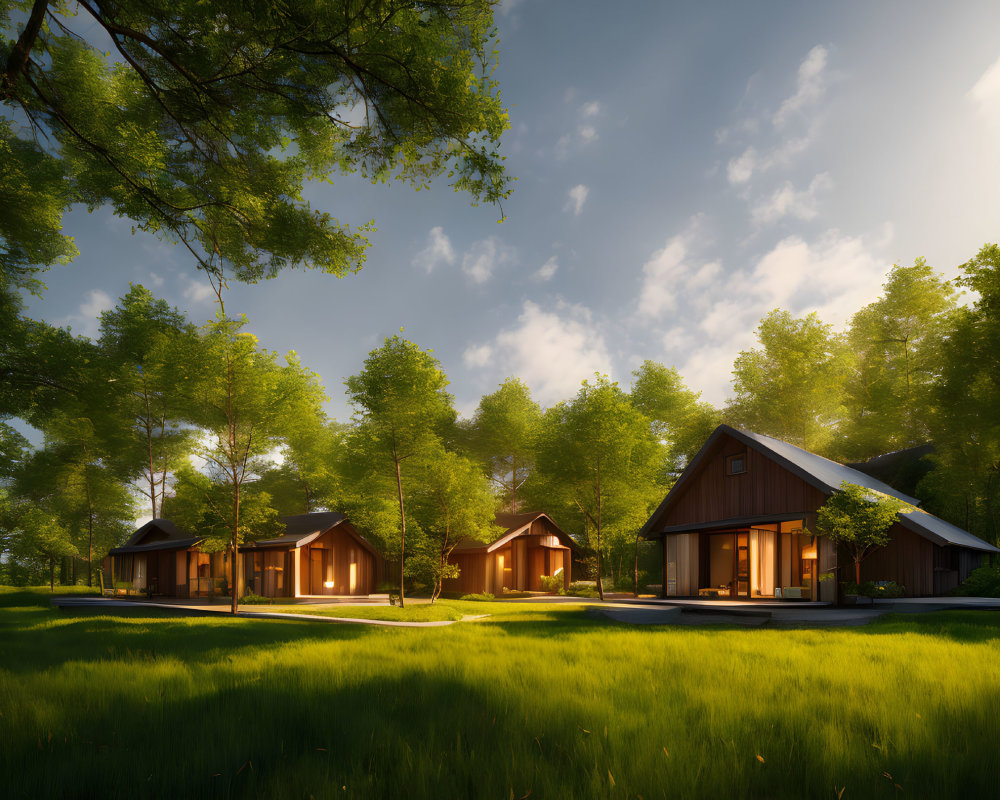 Cozy houses in forest setting with sunrays through trees