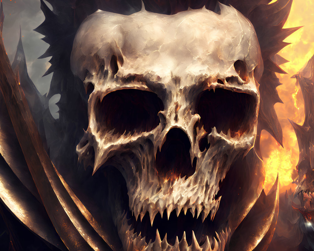 Menacing skull with sharp teeth on fiery background and monstrous silhouettes.