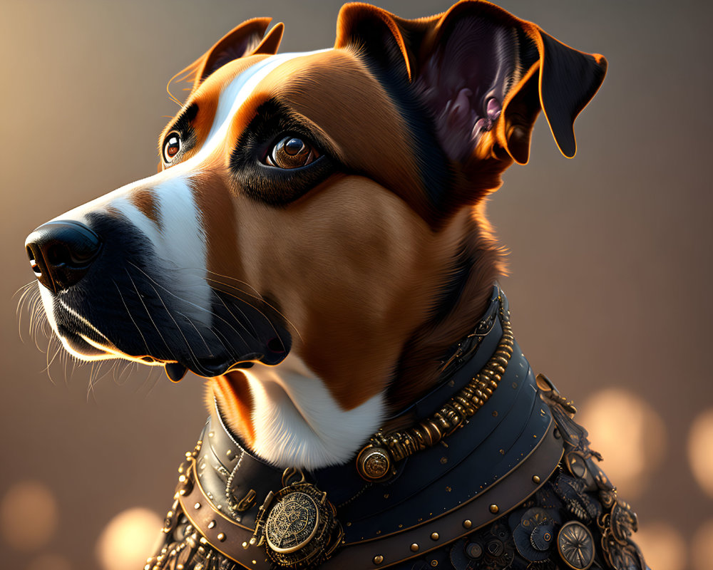 Tri-color coat dog with ornate collar in digital art