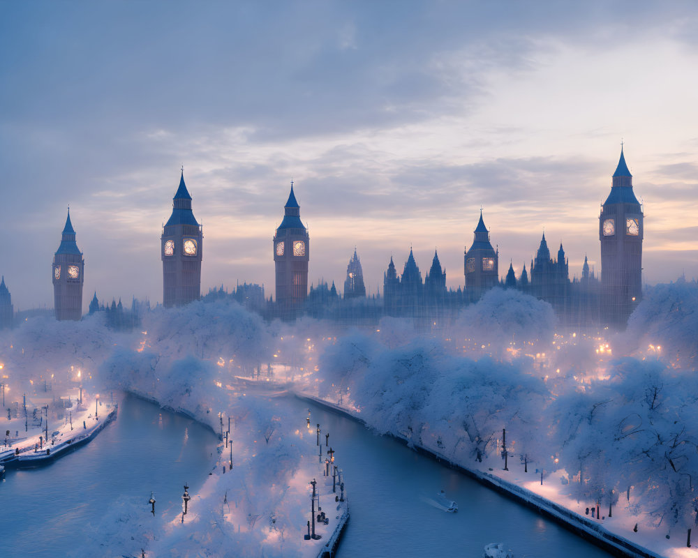 Snowy London Twilight: River Thames & Houses of Parliament in Illuminated Glow