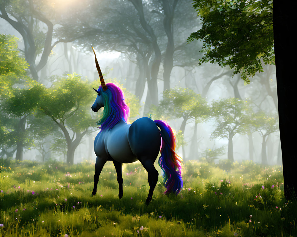 Colorful Unicorn with Golden Horn in Misty Forest Clearing