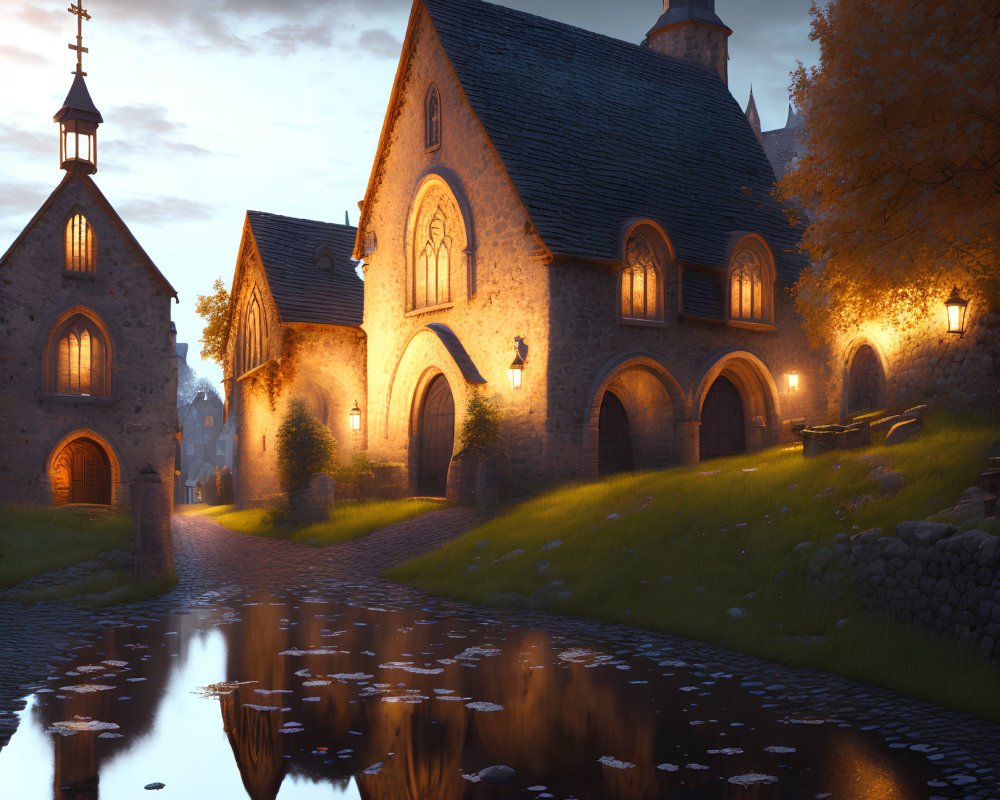 Tranquil evening view of illuminated stone church and reflective pond