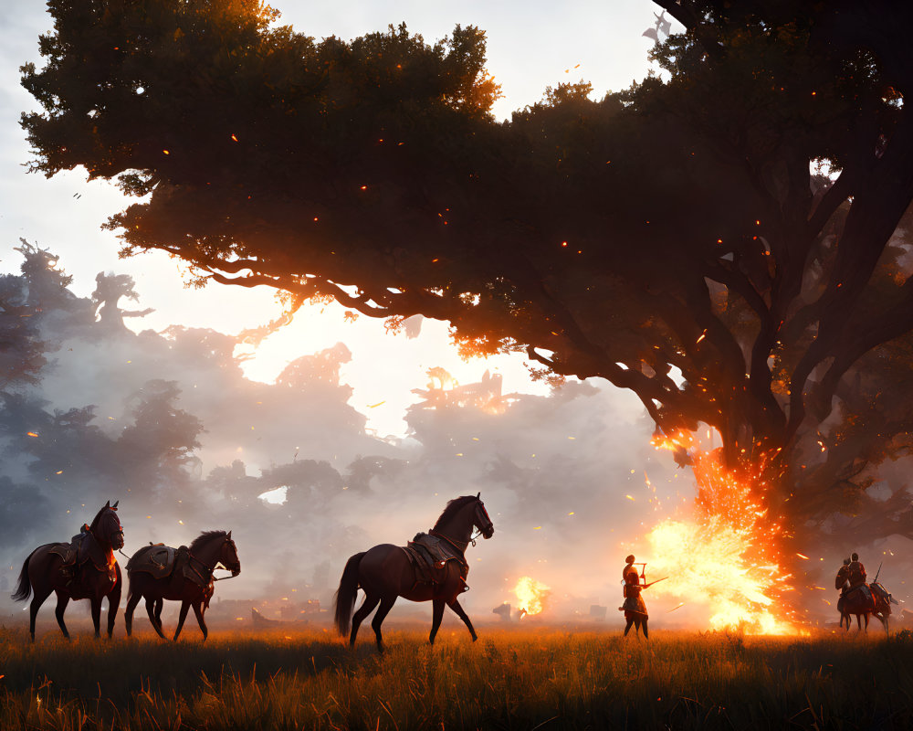 Fantasy scene: Riders near mage casting spell at sunset