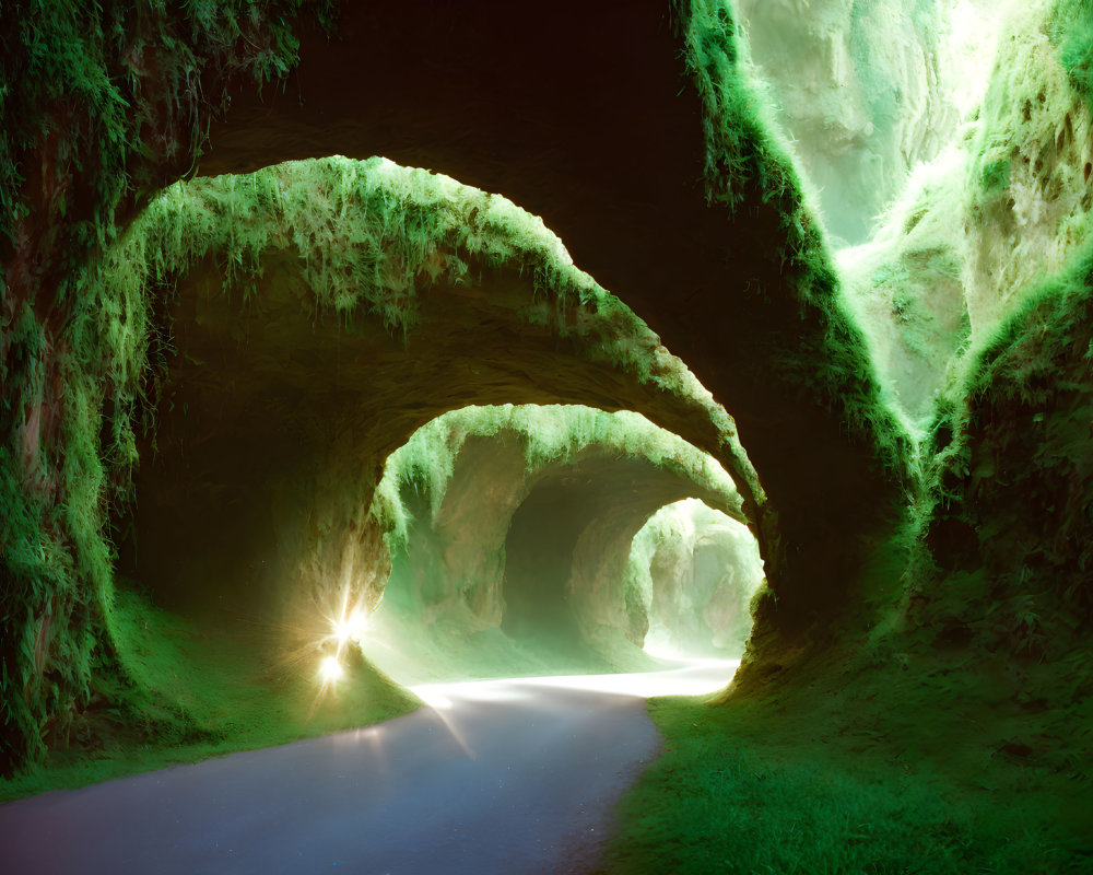 Lush Moss-Covered Tunnel with Illuminated Path and Natural Arches