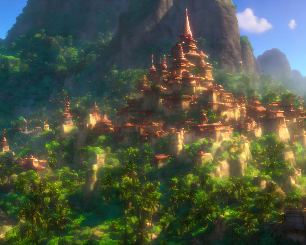 Layered temples in lush, green mountains with a golden haze