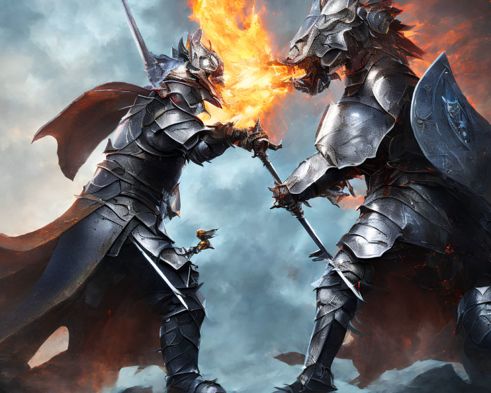 Armored dragon-like warriors in fiery combat amidst smoldering ruins