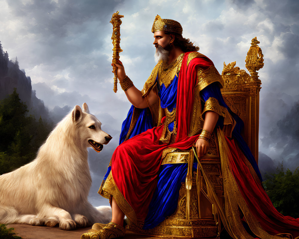 Regal figure in gold-and-blue robes on throne with scepter and dog in mountain setting