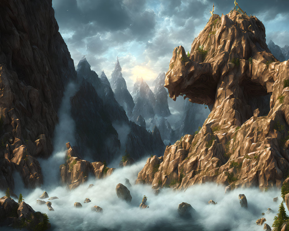 Majestic landscape: rocky cliffs, stone arch bridge, misty mountains.