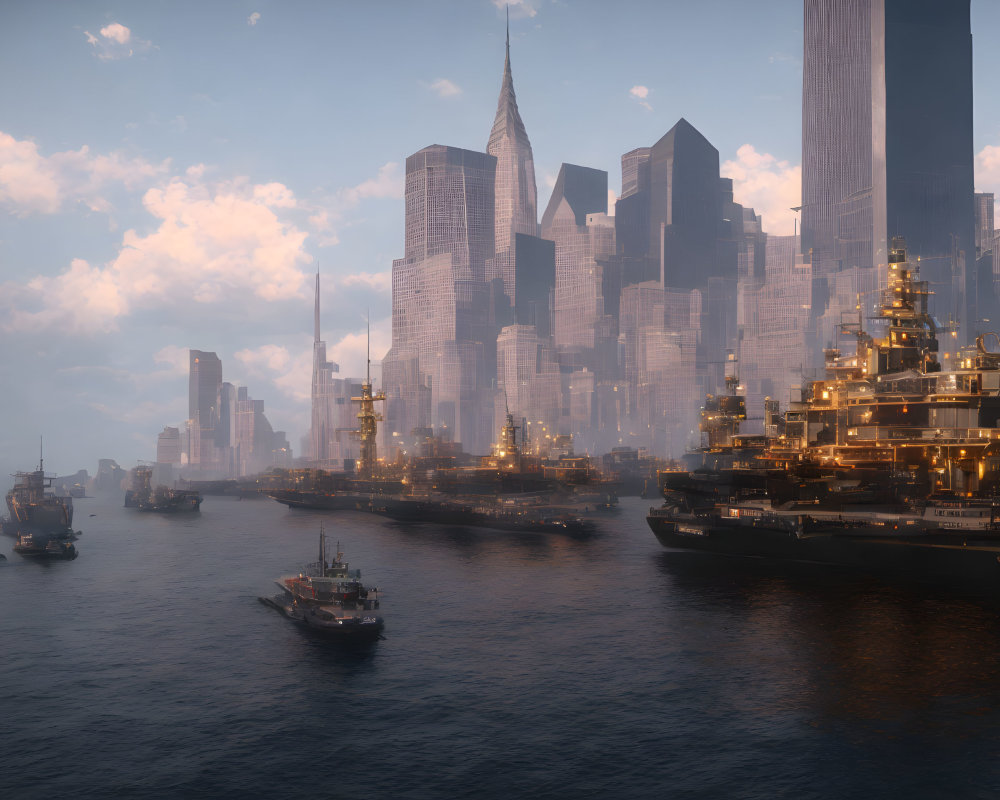 Modern ships near futuristic city skyline at sunset.
