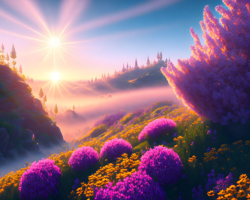 Scenic sunrise landscape with mist, wildflowers, greenery, and radiant sun