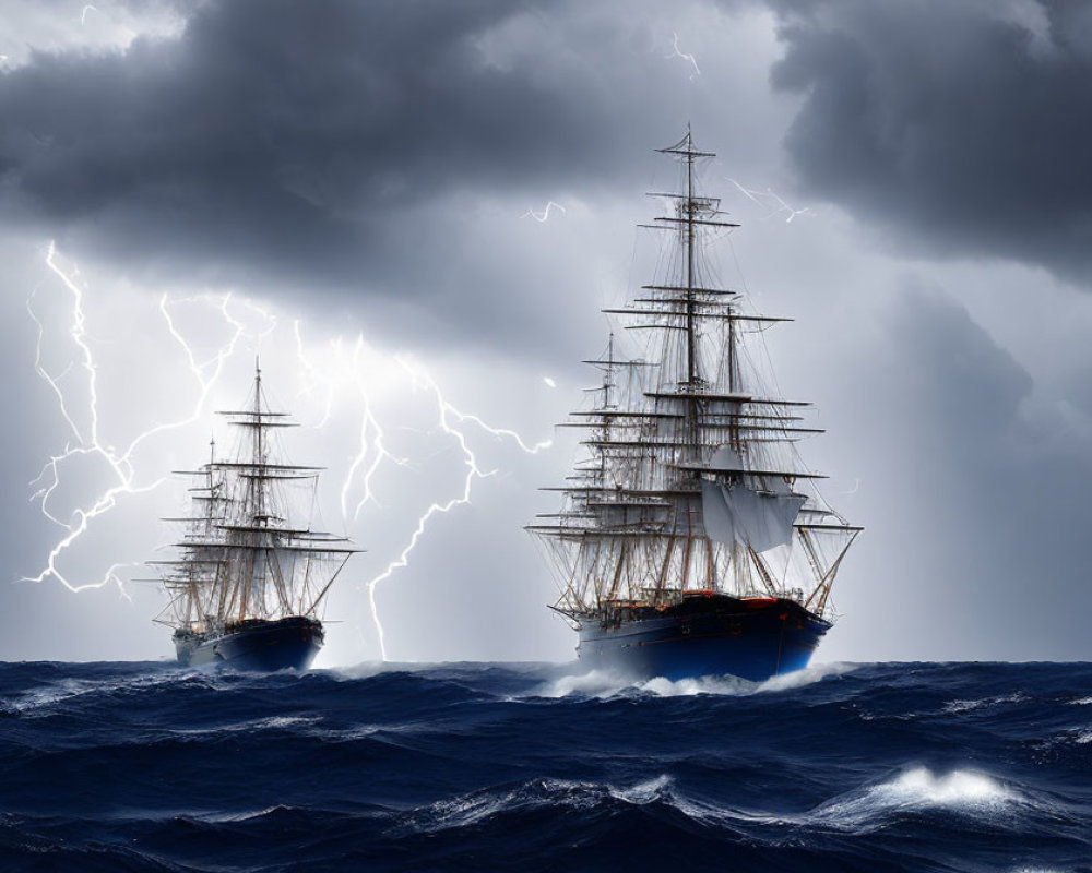 Tall ships in turbulent ocean storm with lightning