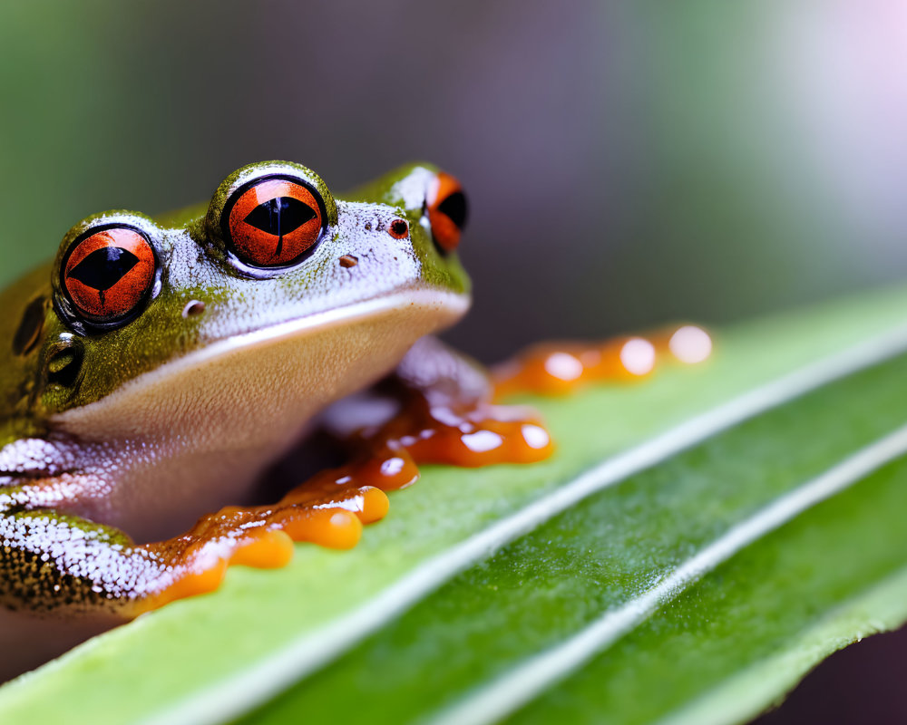 Vibrant red-eyed tree frog on green leaf with orange feet