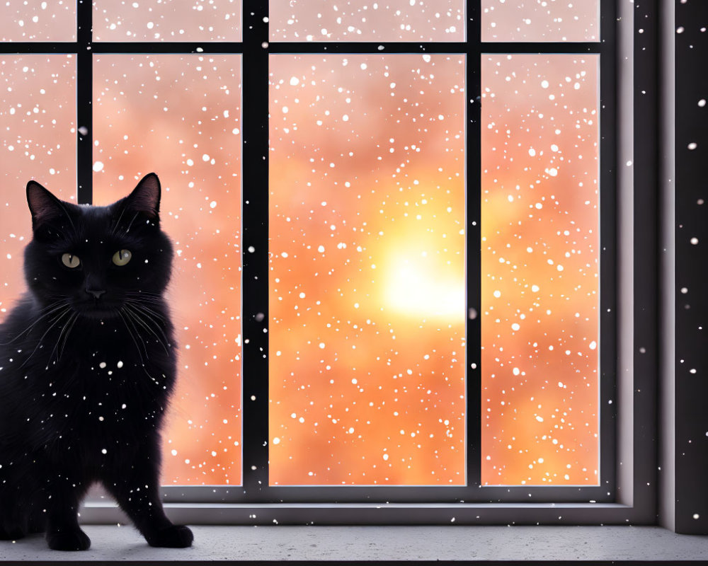 Black cat by window with grid pattern, snowflakes, and orange sky.