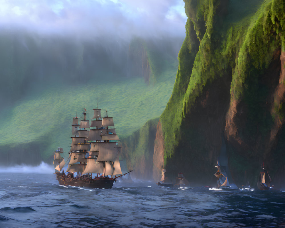 Majestic ship sailing near lush cliffs under hazy sky