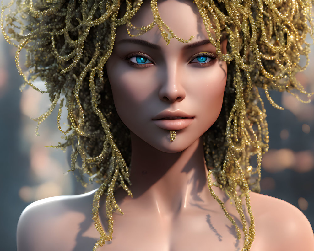 3D rendering of woman with blue eyes, curly hair, and nose ring