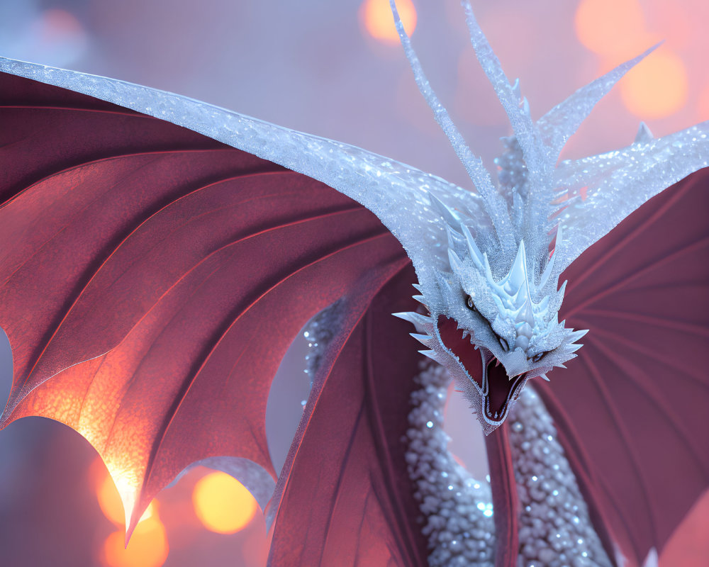 Majestic white dragon with red wings in orange light