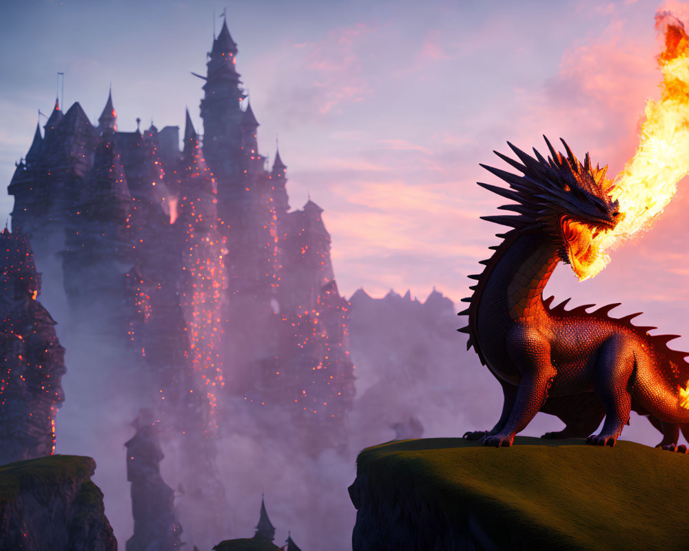 Dragon perched on cliff with fiery castle in twilight landscape