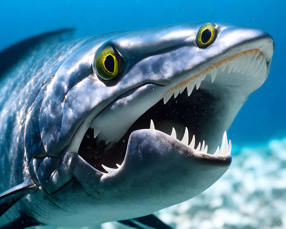 Fierce barracuda with sharp teeth and yellow eyes underwater