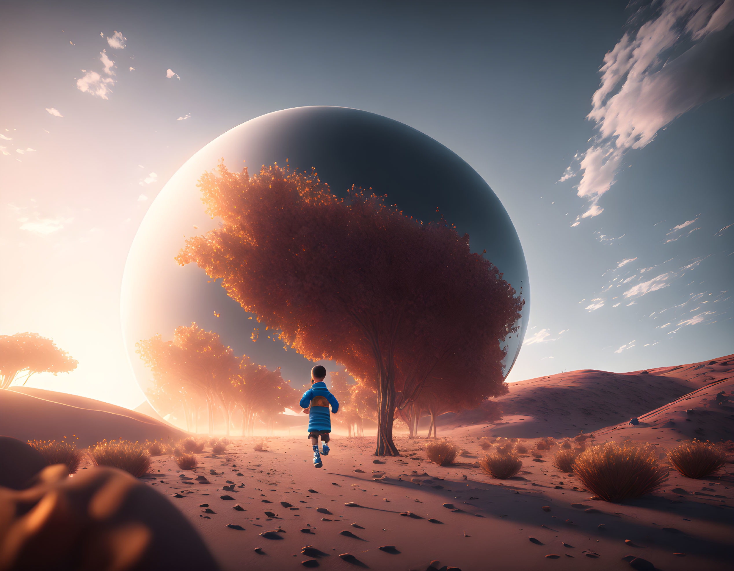 Child running to tree in desert with surreal planet in background