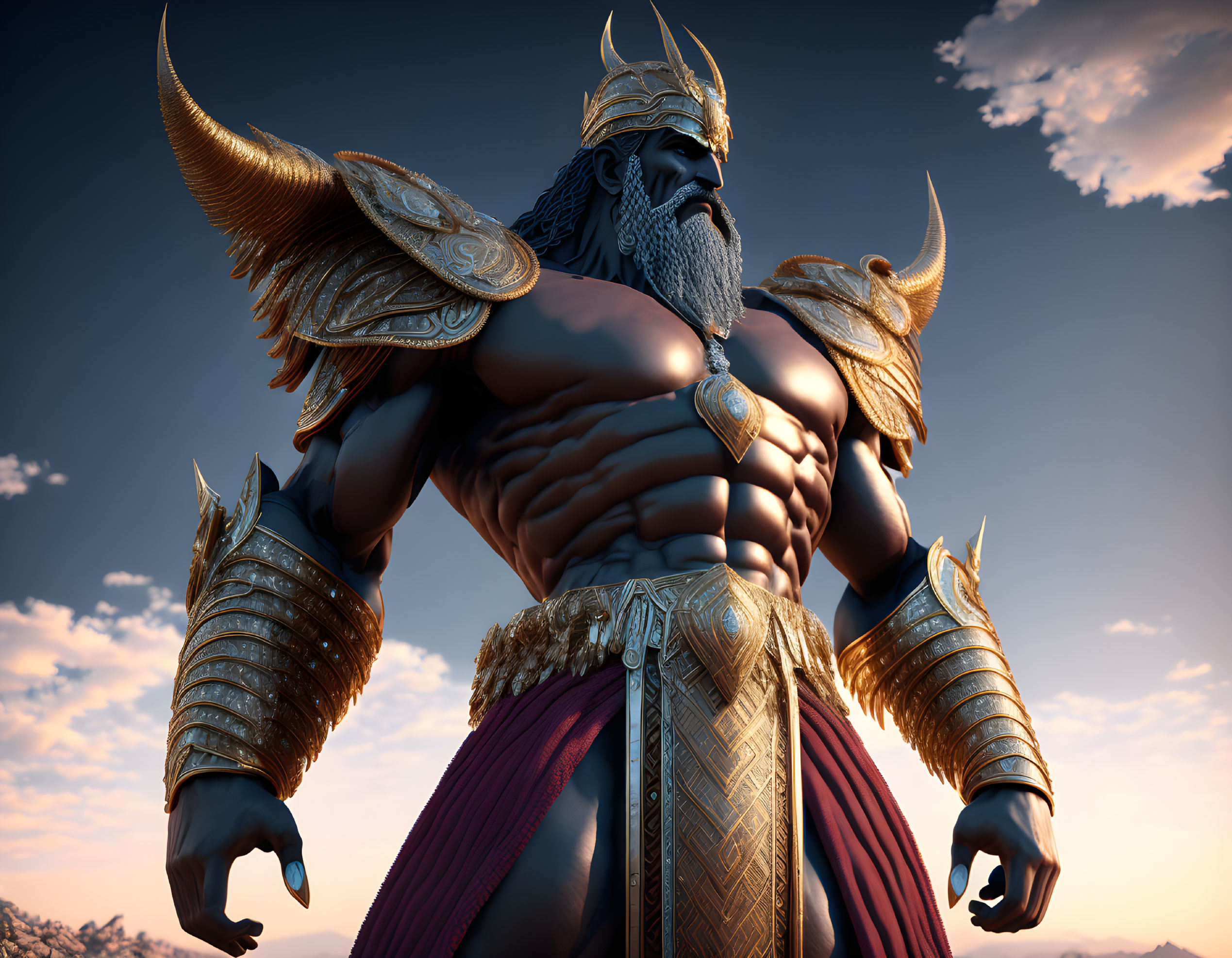 Fantasy warrior in golden horned armor against dramatic sky