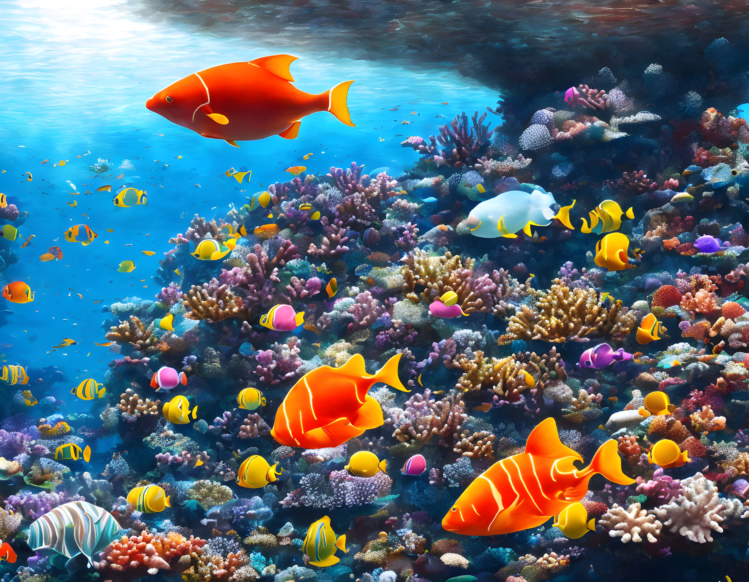 Colorful Coral Reef Teeming with Diverse Fish Species