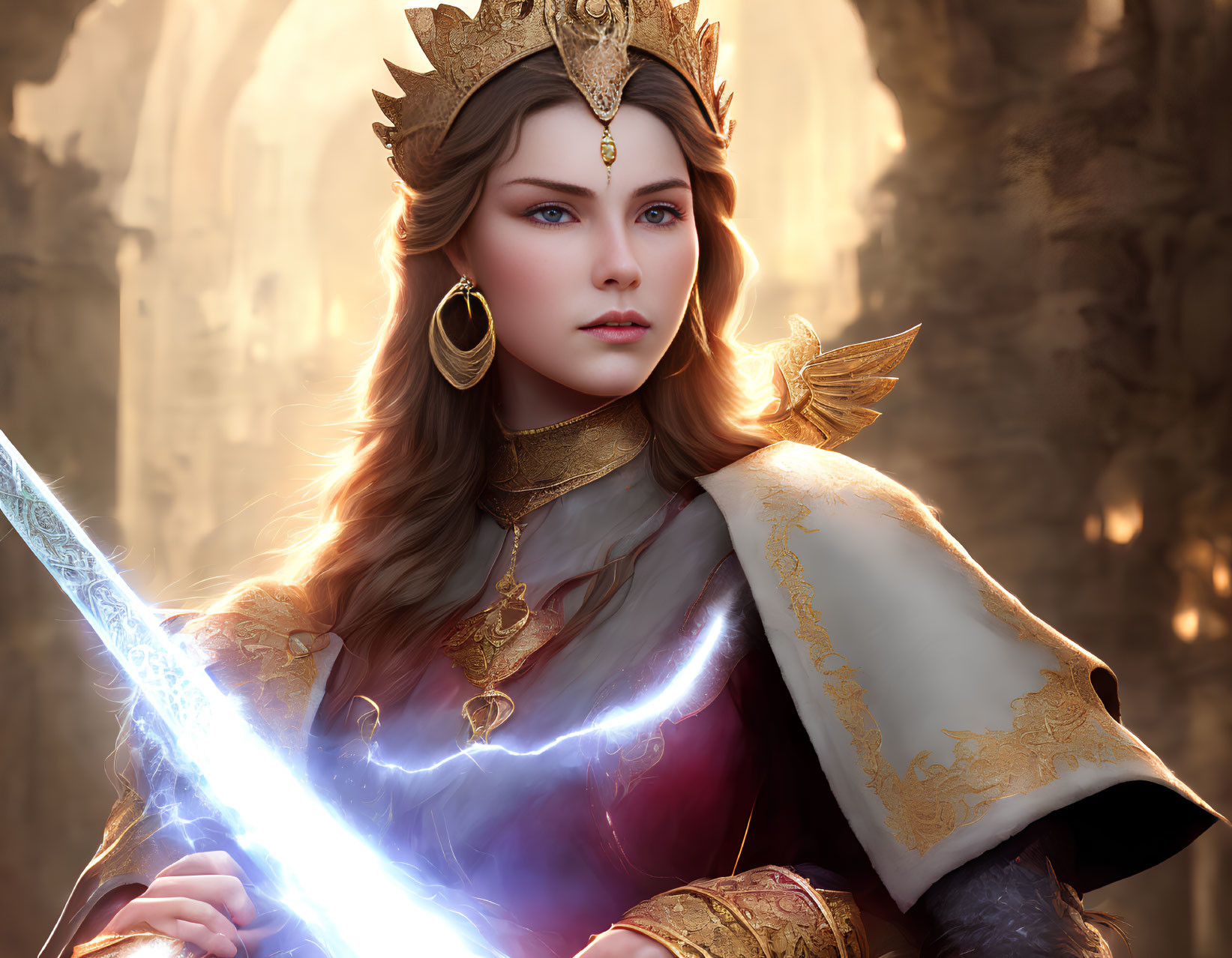 Regal woman in crown and armor with glowing sword on golden backdrop