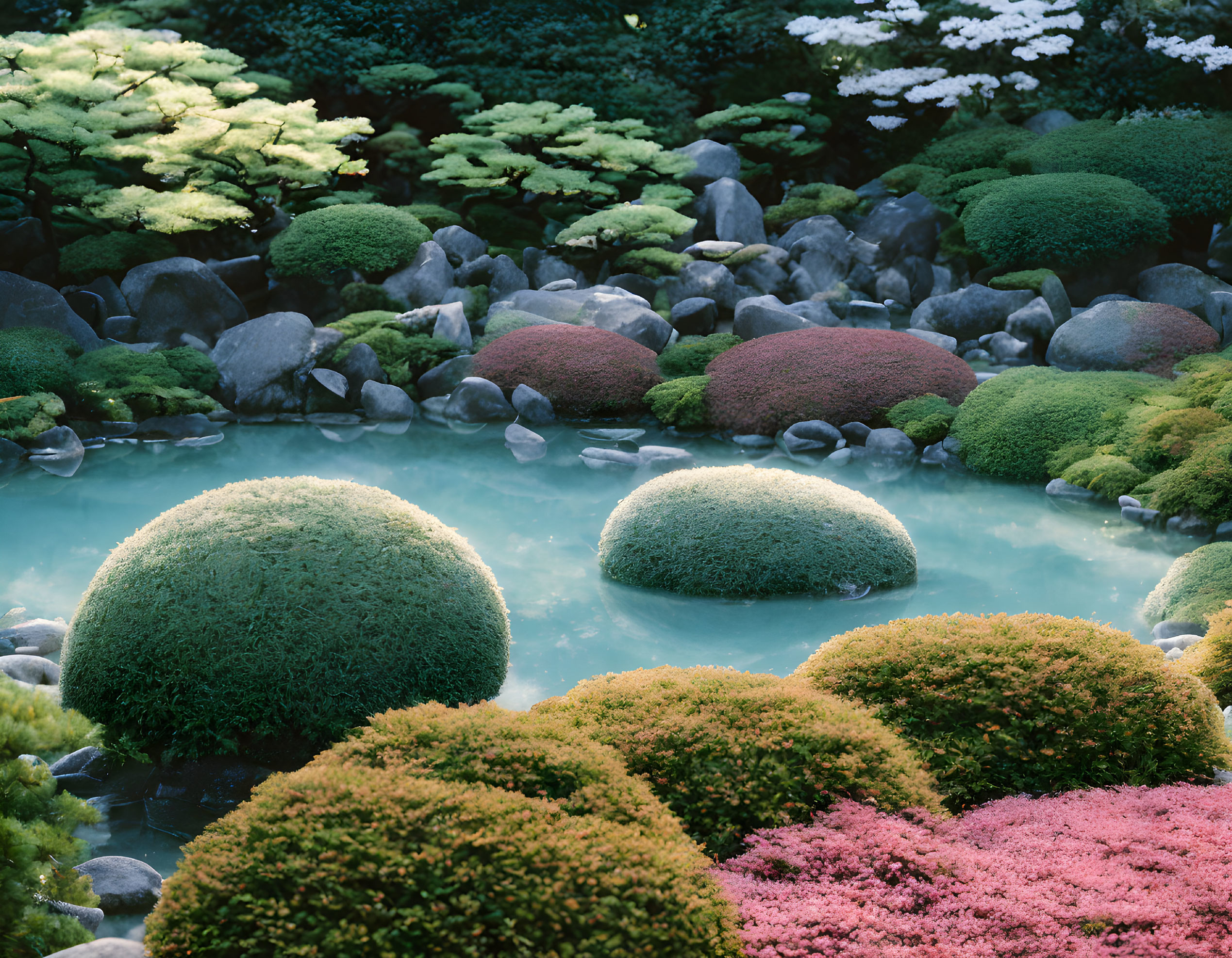 Tranquil Japanese Garden with Moss-Covered Rocks and Vibrant Foliage