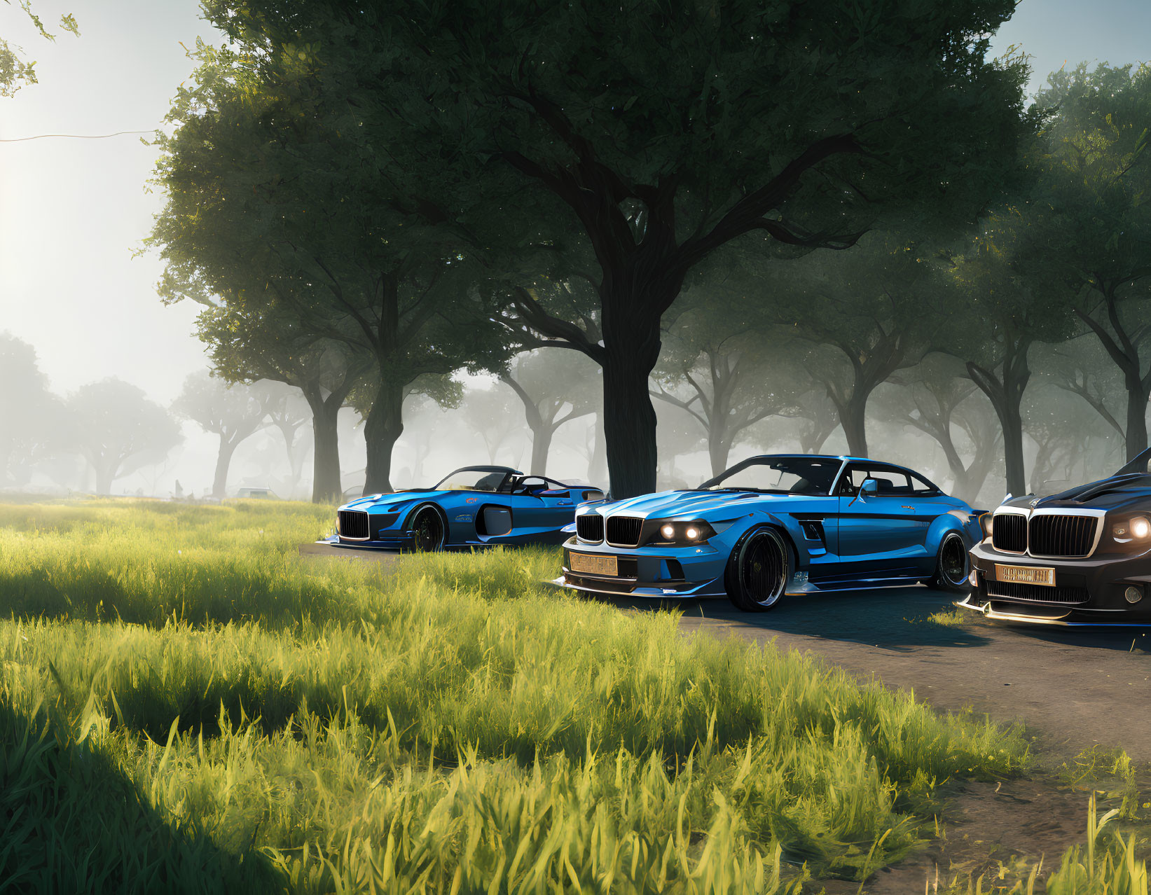 Three Blue Sports Cars Parked in Grassy Field with Misty Tree Backdrop