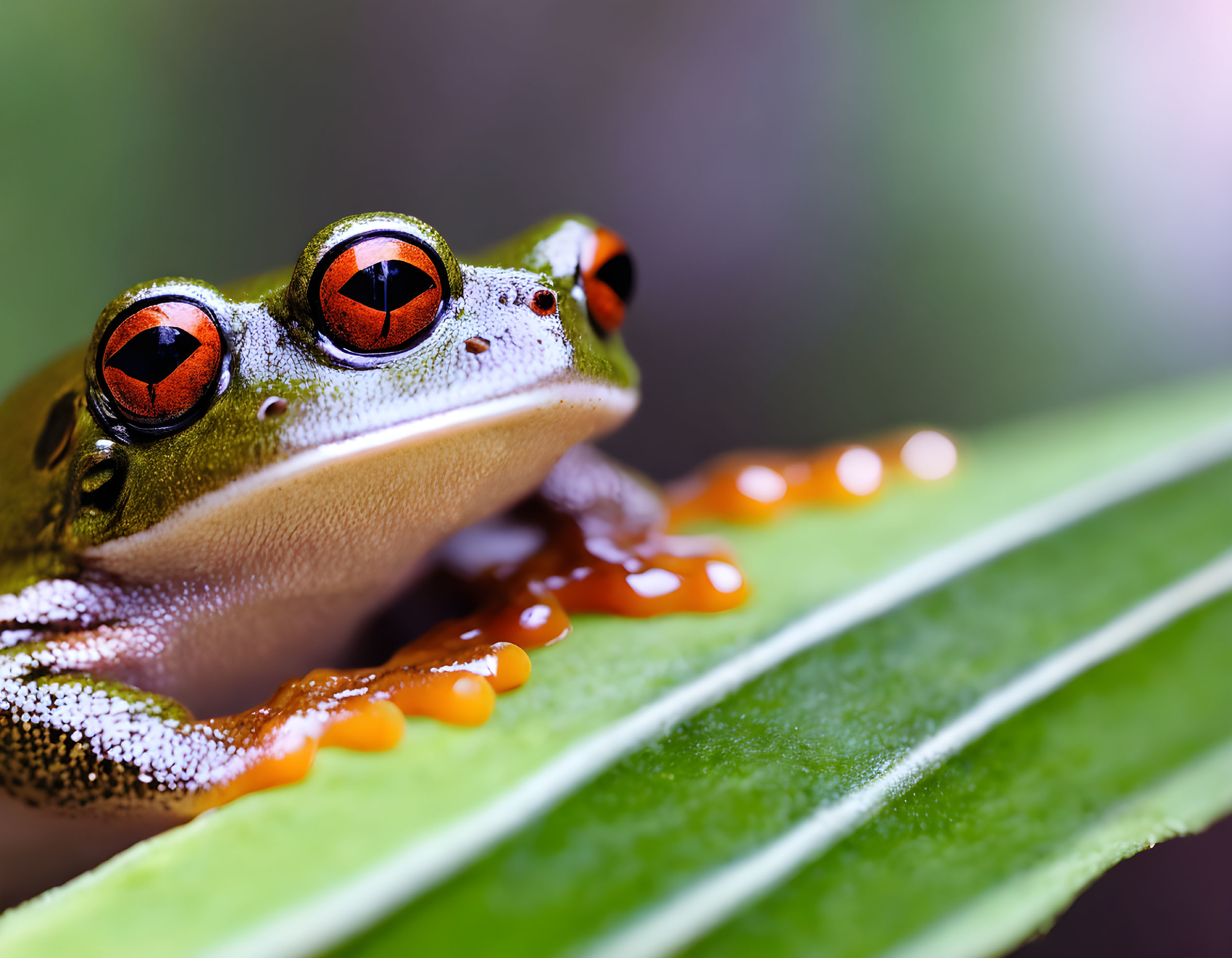 Vibrant red-eyed tree frog on green leaf with orange feet