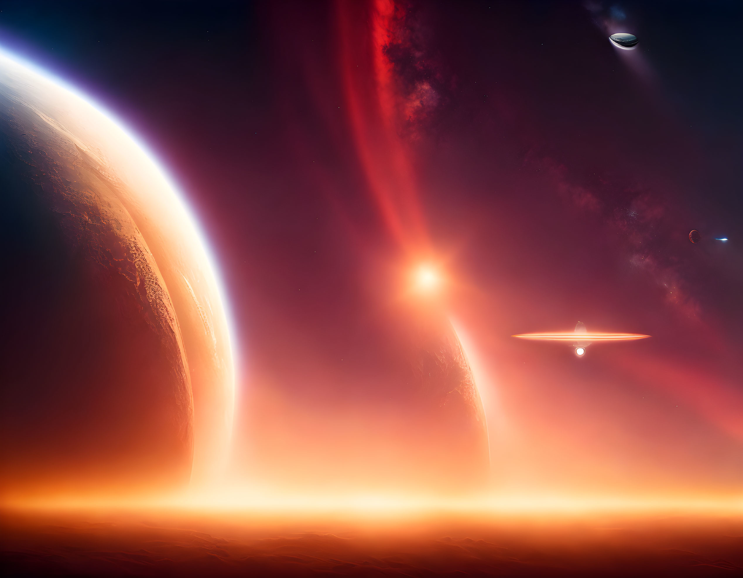 Illuminated planet and starburst in vibrant space scene
