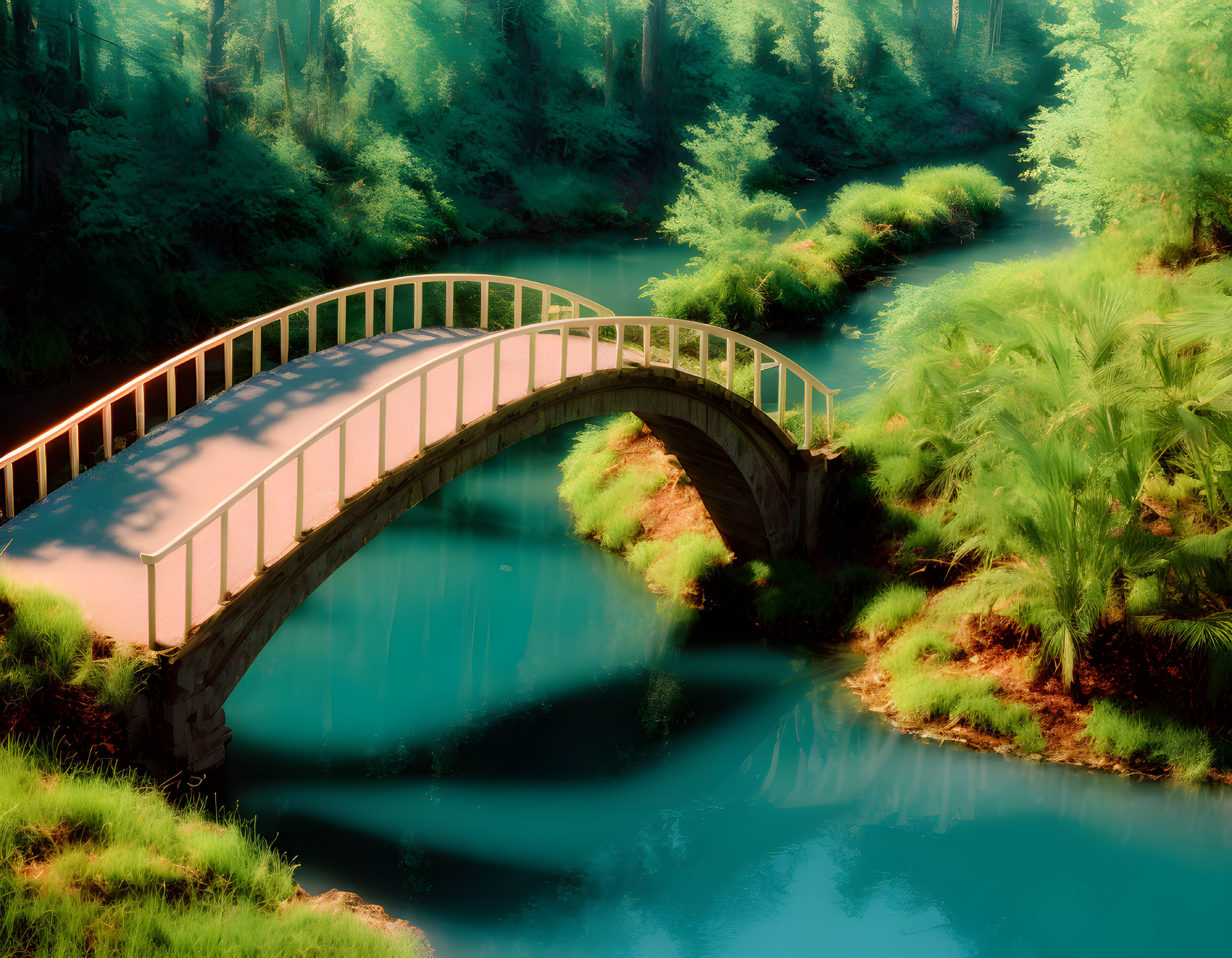 Stone arched bridge over tranquil river in lush greenery