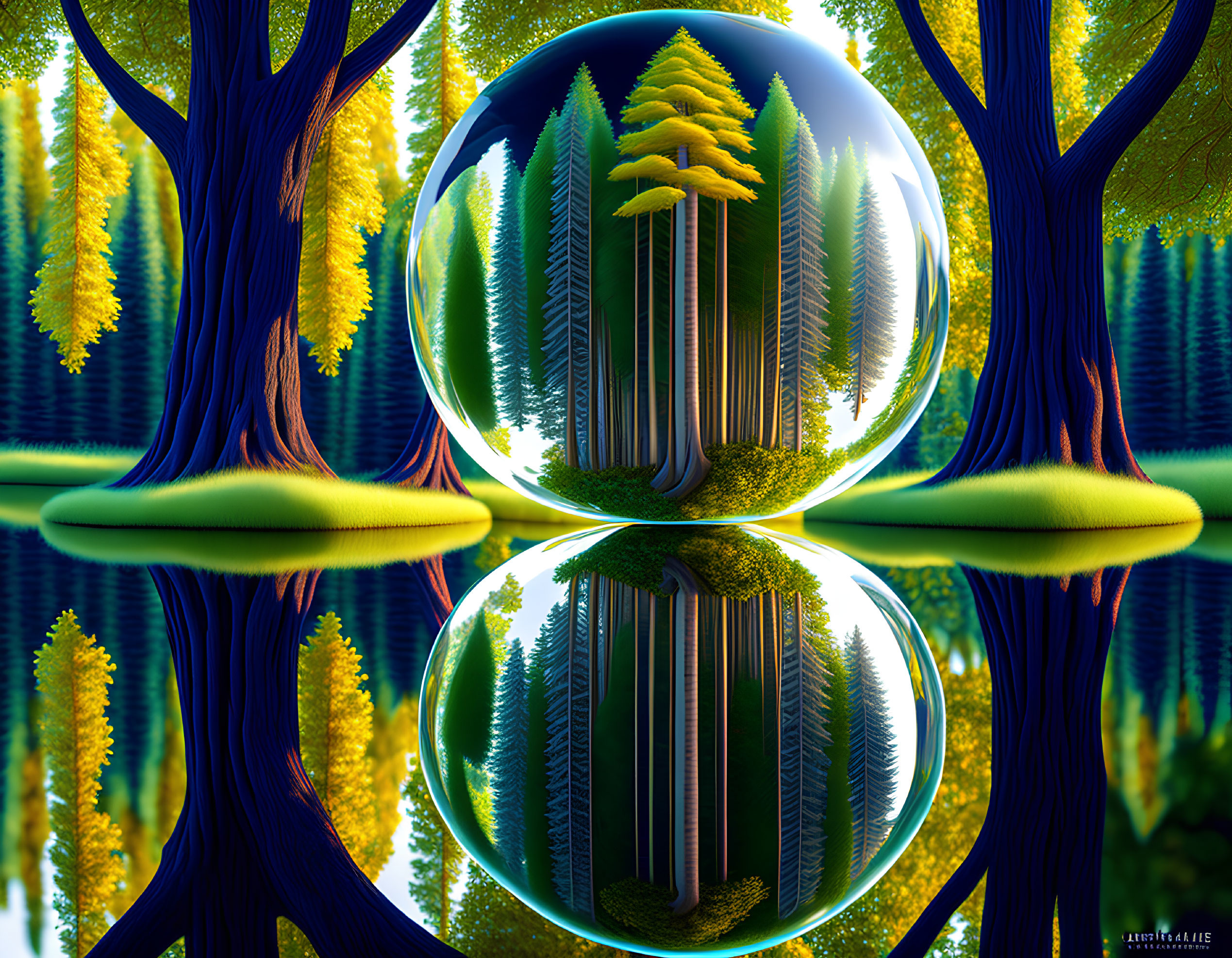 Digital art: Serene forest scene with reflective sphere capturing inverted trees
