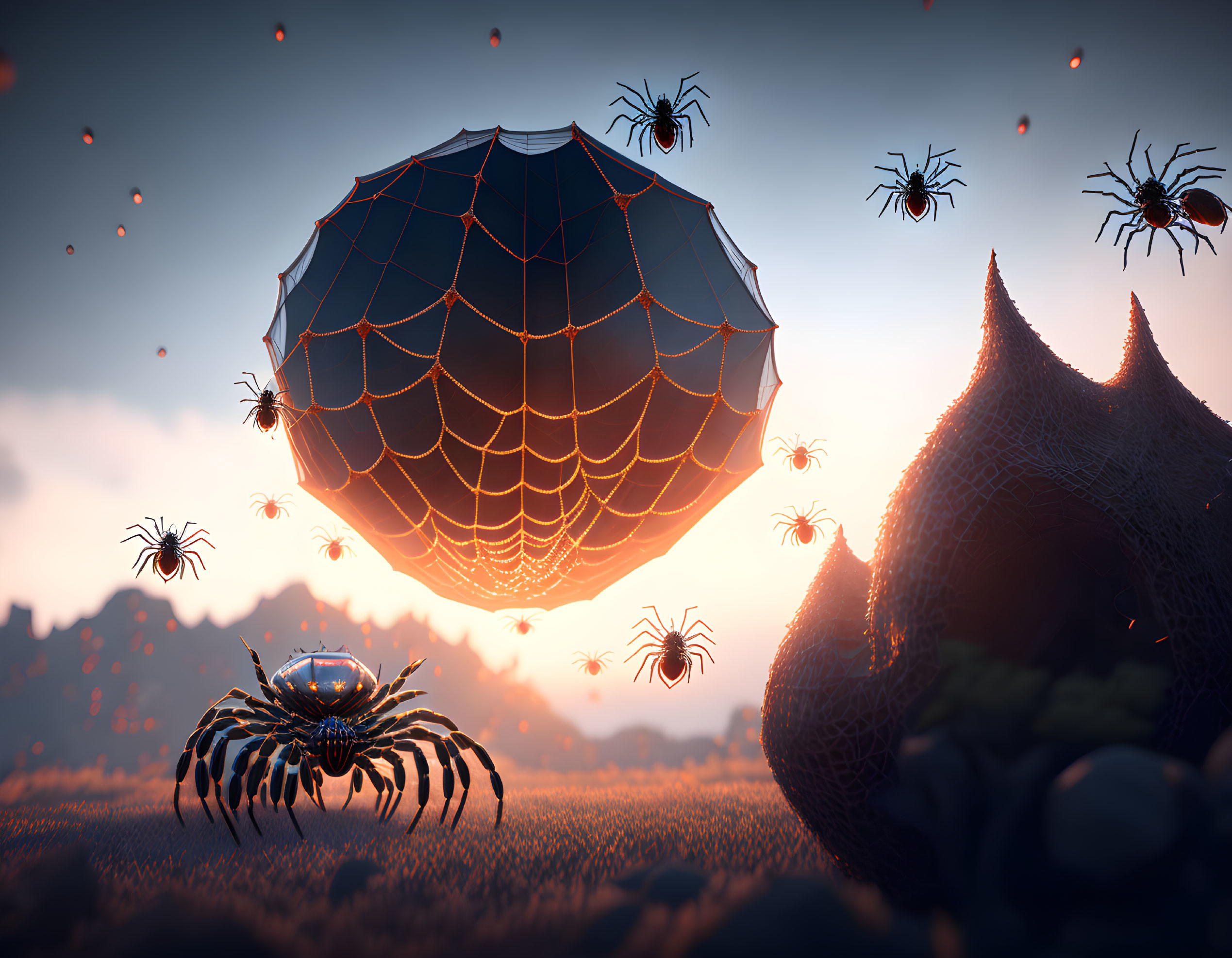 Surreal sunset scene with robotic spiders and floating web structure