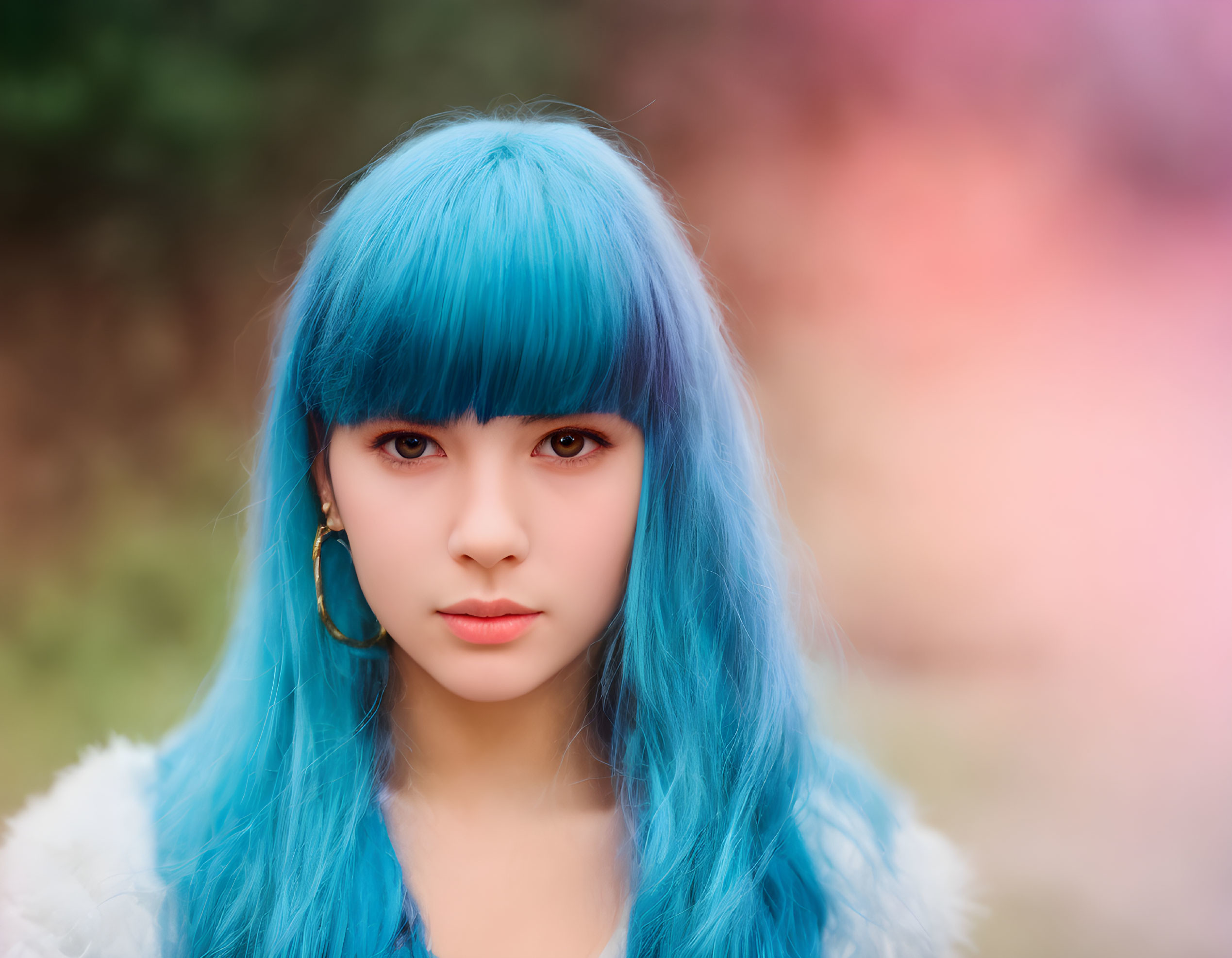Vibrant blue-haired woman portrait with hoop earring on colorful backdrop