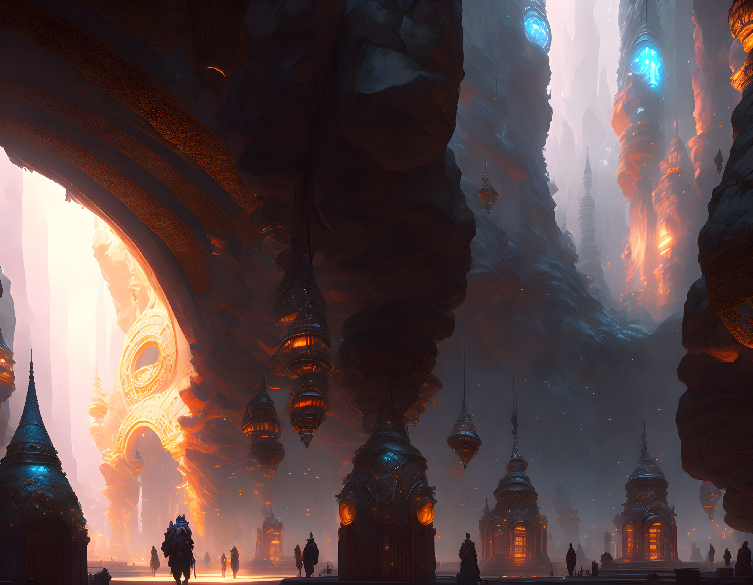 Ethereal cavern with towering structures and glowing lights