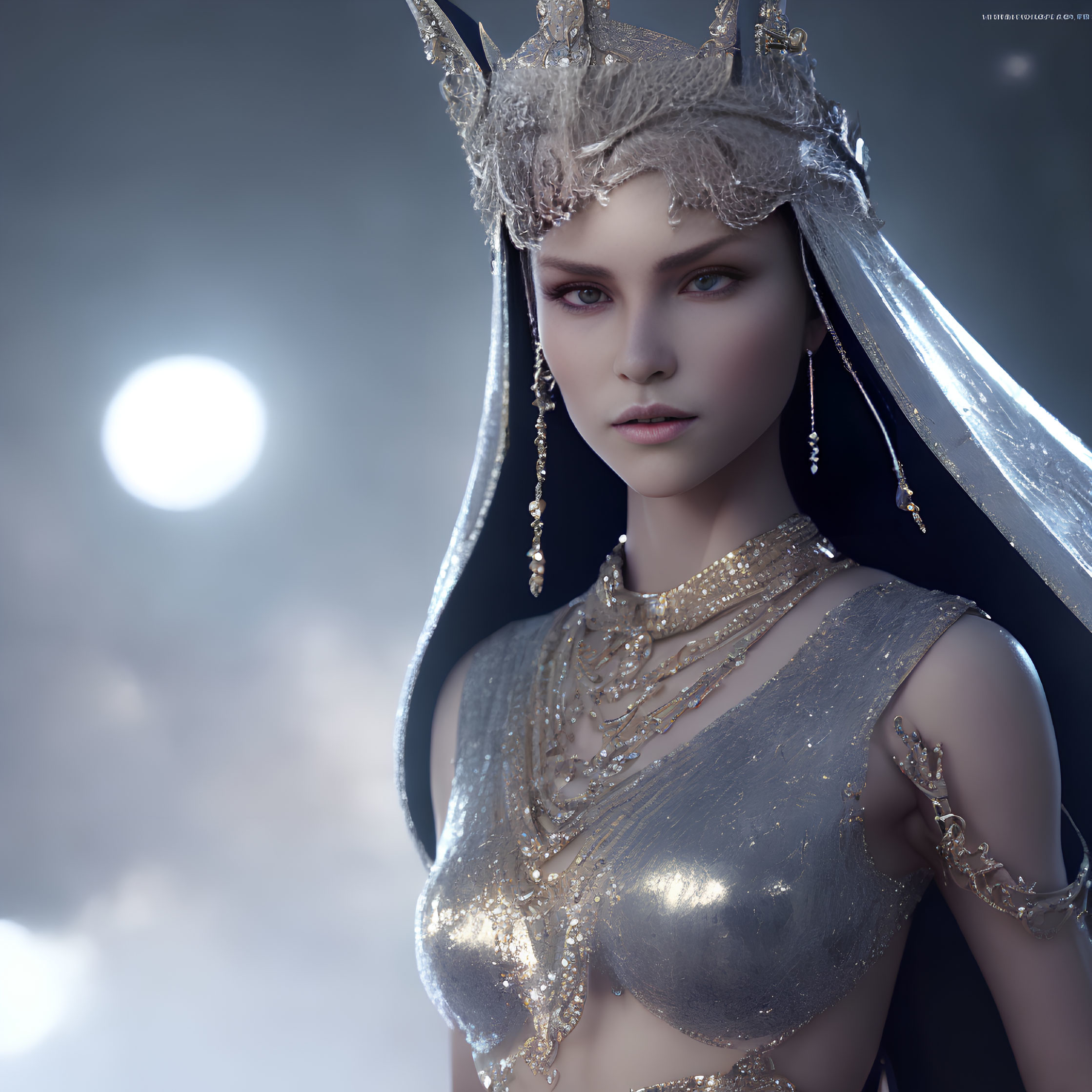 Mystical woman with pointy ears in silver crown under luminous moon