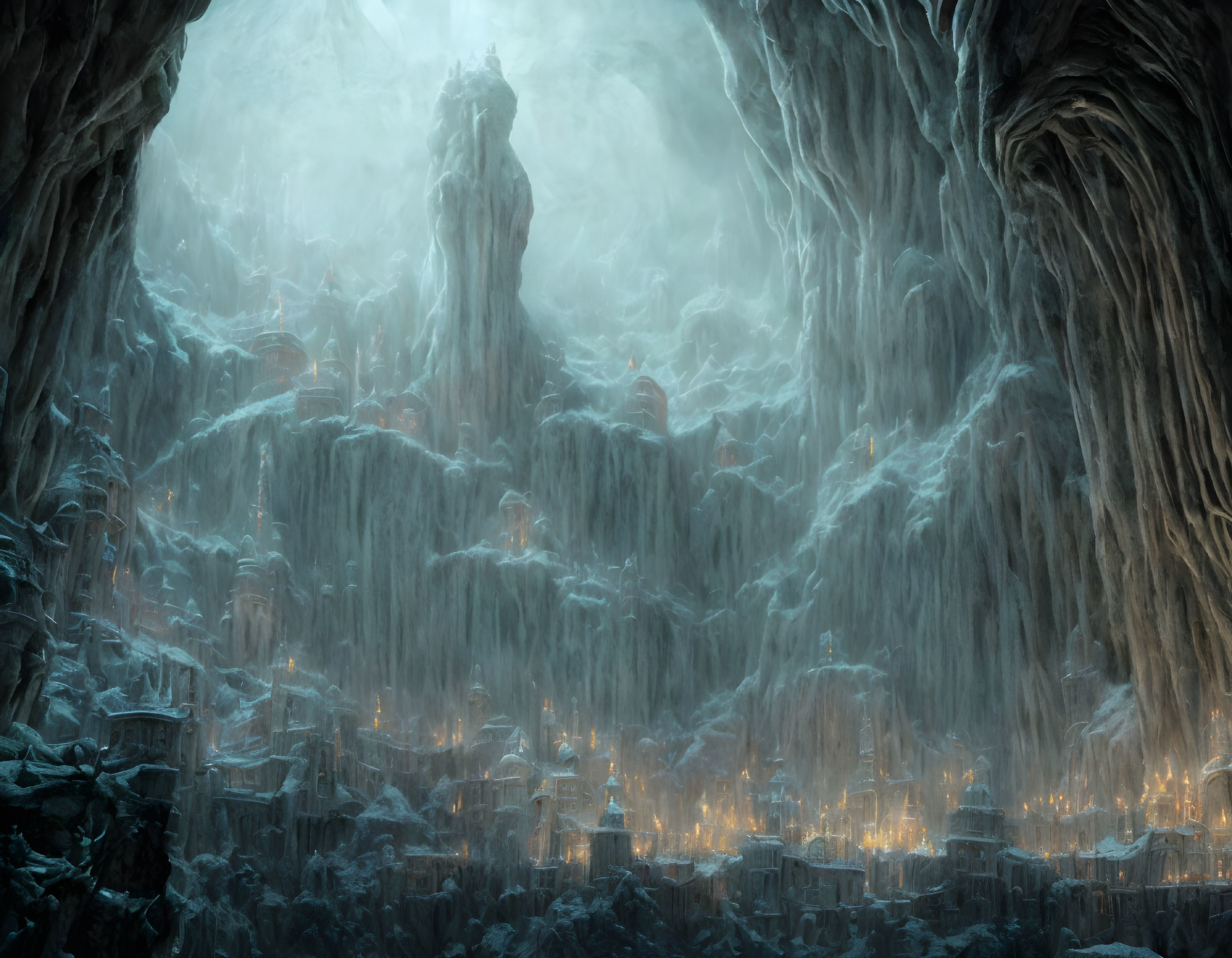 Fantasy Ice Cave Cityscape with Central Spire and Warm Lights