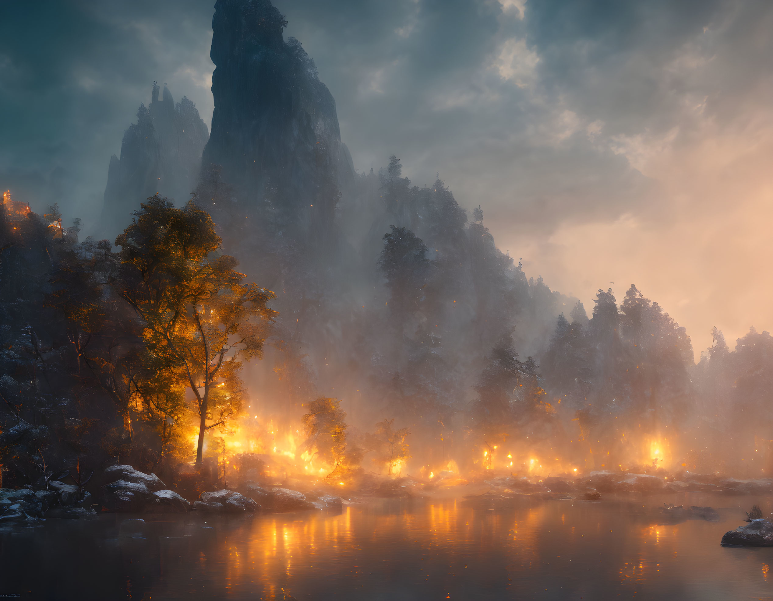 Majestic forested mountains with serene river and mystical fog at dusk or dawn