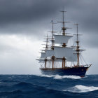 Tall ships in turbulent ocean storm with lightning